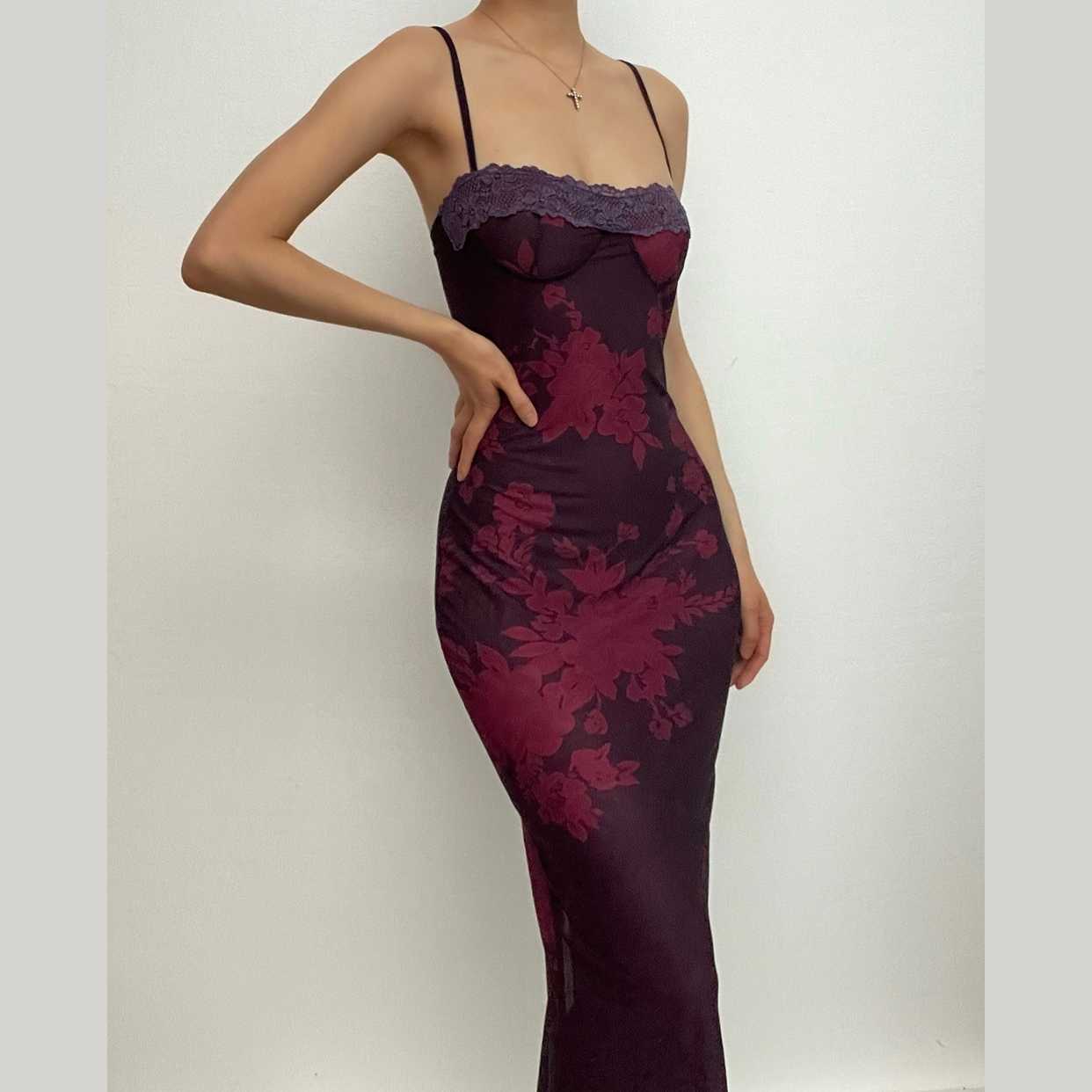 Lace Hem Contrast Floral Slit Cami Midi Dress - Y2K Aesthetic & Coquette Style