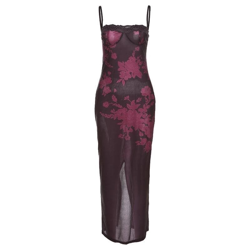 Lace Hem Contrast Floral Slit Cami Midi Dress - Y2K Aesthetic & Coquette Style