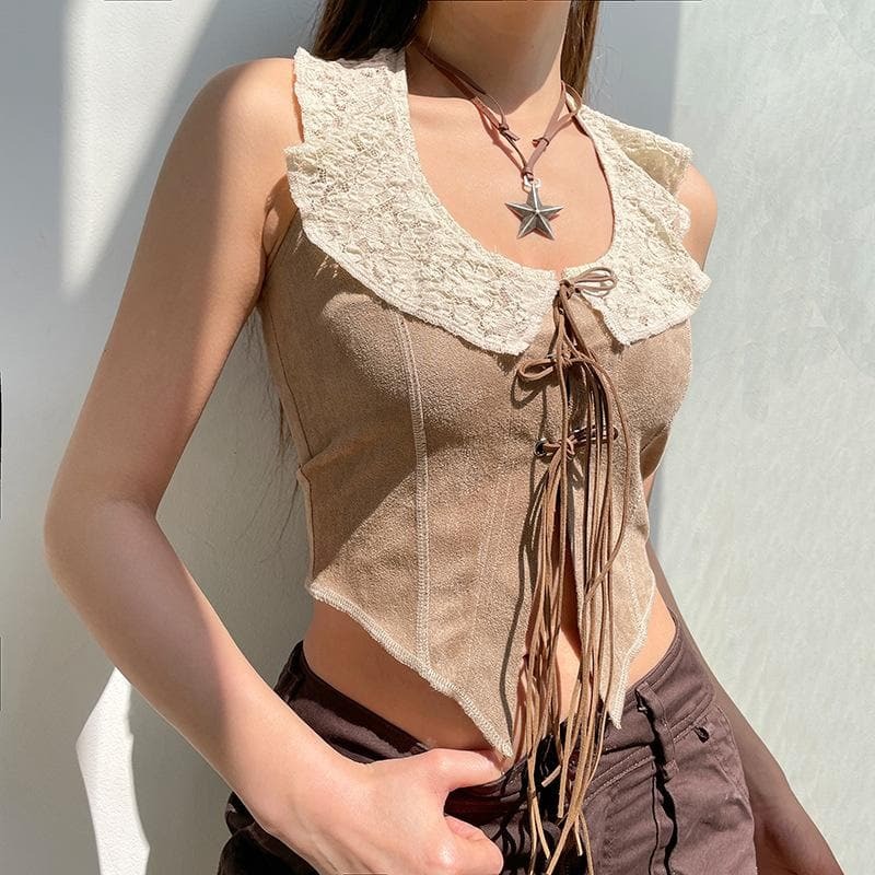 Lace Hem Contrast Halter Backless Top - Y2K Aesthetic Sleeveless Cute Crop Top