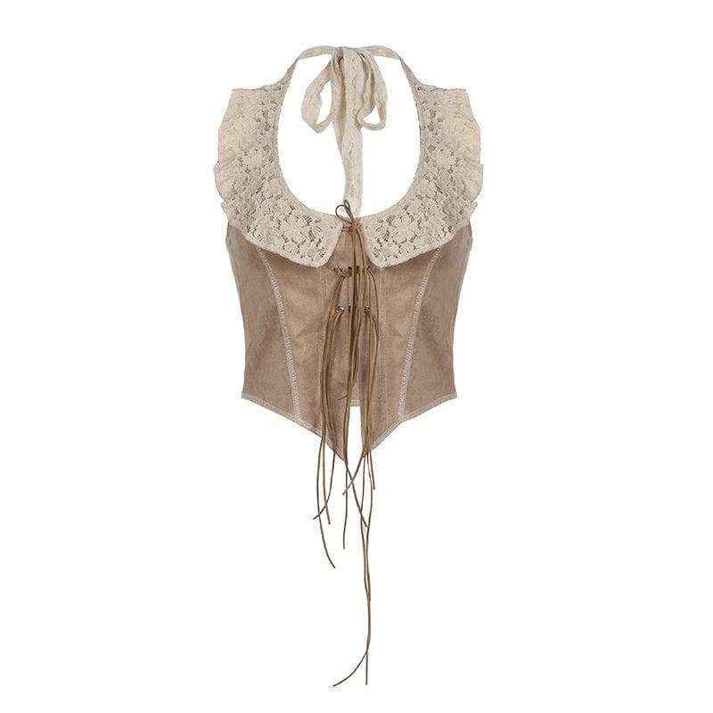 Lace Hem Contrast Halter Backless Top - Y2K Aesthetic Sleeveless Cute Crop Top
