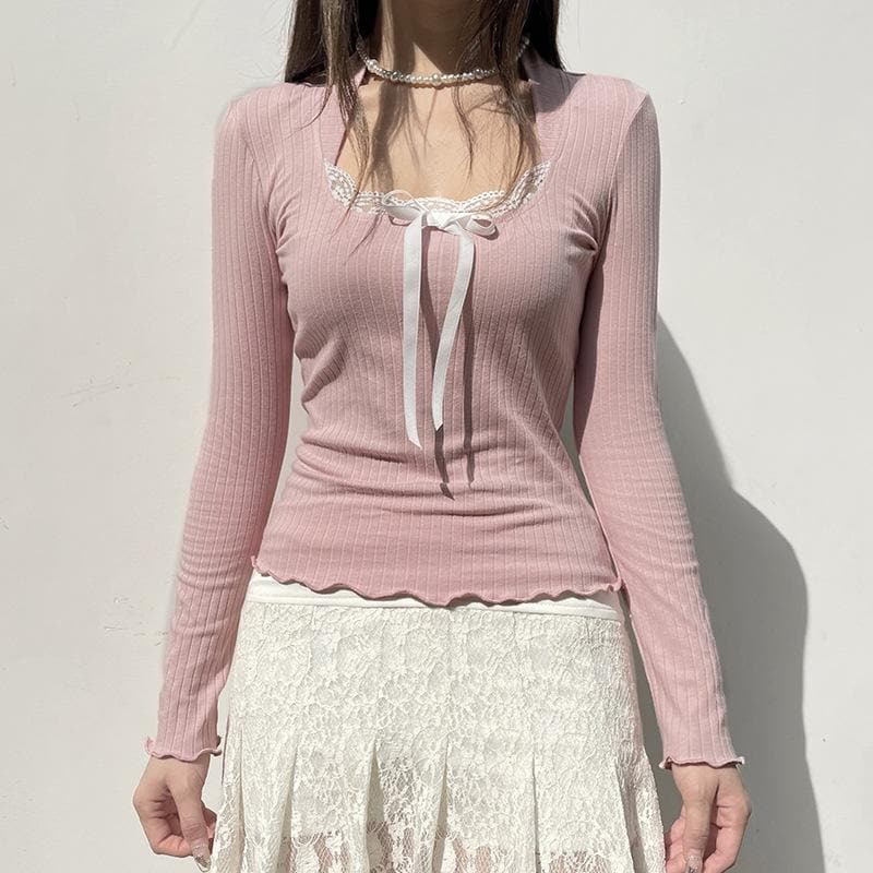 Lace Hem Contrast Long Sleeve Bowknot Ruffle Top - Y2K Coquette Aesthetic Cute Fashion