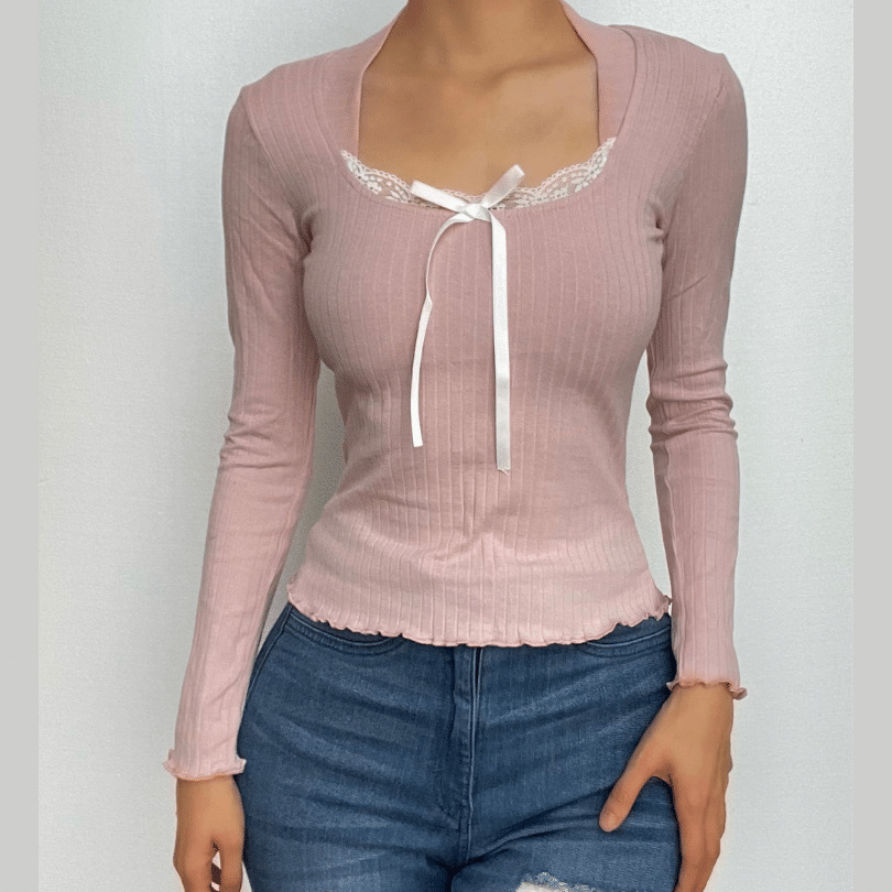 Lace Hem Contrast Long Sleeve Bowknot Ruffle Top - Y2K Coquette Aesthetic Cute Fashion