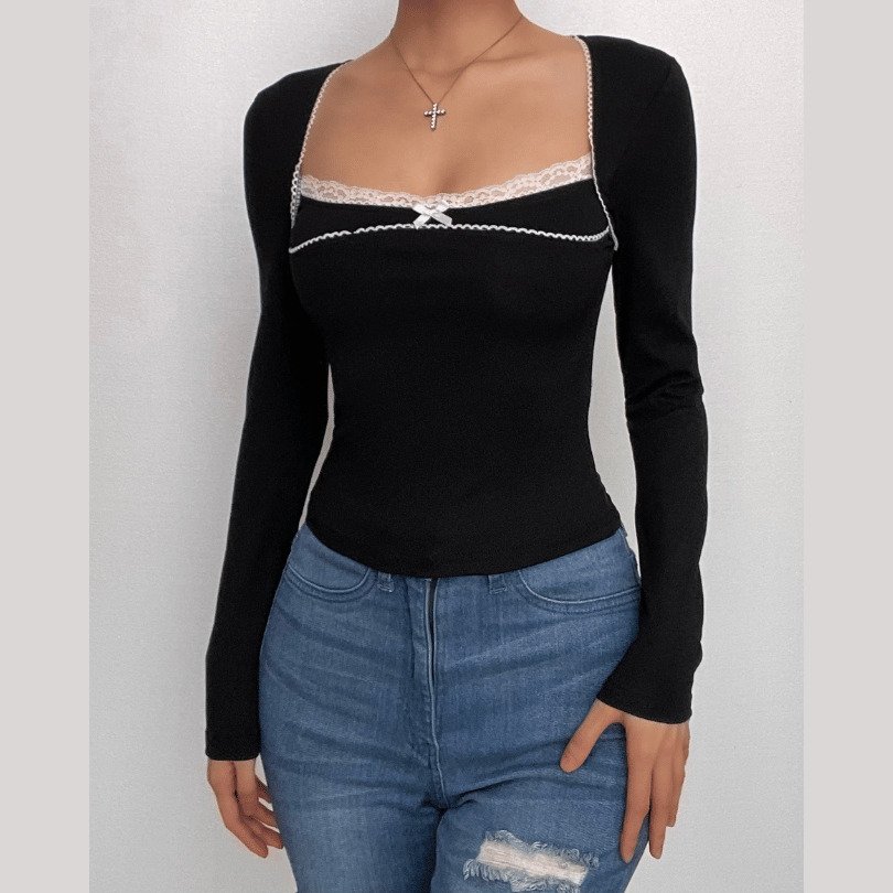 Lace Hem Contrast Long Sleeve Square Neck Top - Y2K Aesthetic Cute Top for Grunge & Coquette Styles