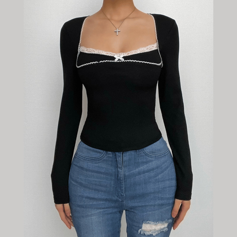 Lace Hem Contrast Long Sleeve Square Neck Top - Y2K Aesthetic Cute Top for Grunge & Coquette Styles