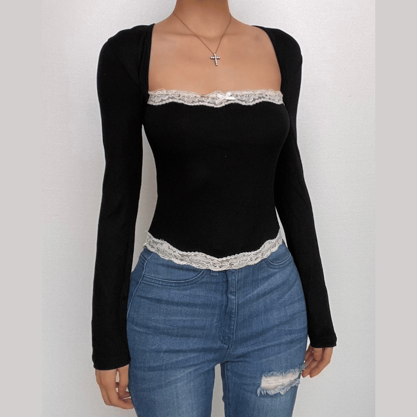 Lace Hem Contrast Square Neck Long Sleeve Top - Y2K Aesthetic Cute Top for Grunge & Coquette Styles