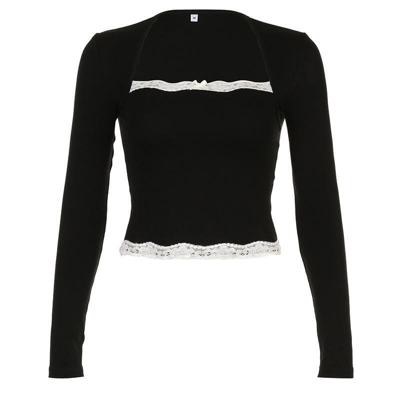 Lace Hem Contrast Square Neck Long Sleeve Top - Y2K Aesthetic Cute Top for Grunge & Coquette Styles