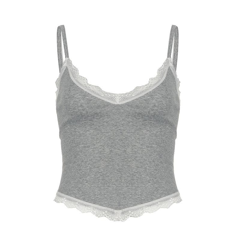 Lace Hem Contrast V-Neck Backless Cami Crop Top - Y2K Aesthetic Cute Top for Grunge & Coquette Styles
