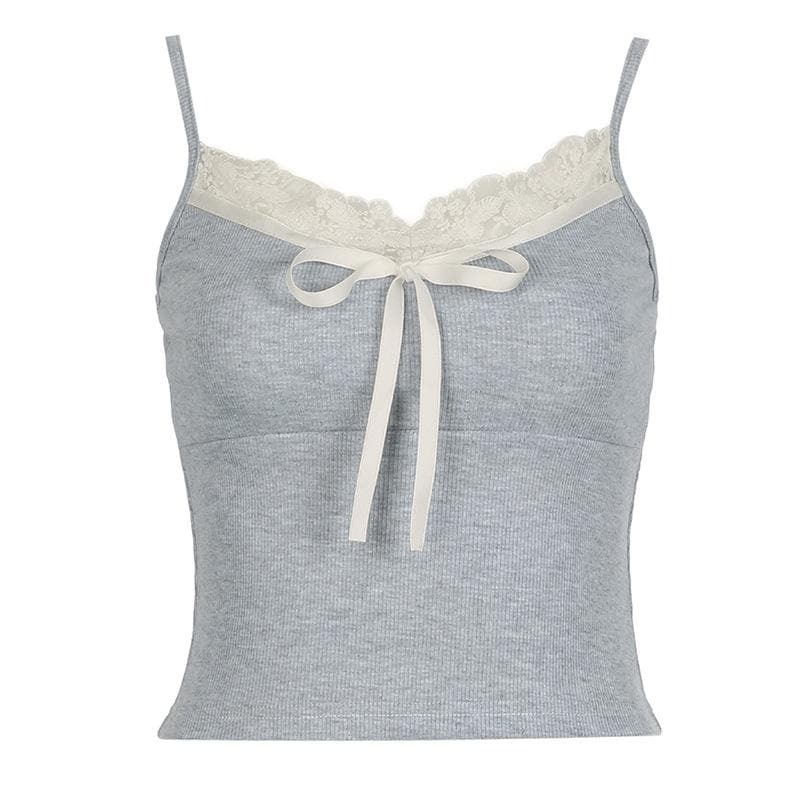 Lace Hem Contrast V-Neck Bowknot Cami Top - Y2K Aesthetic Cute Top for Coquette Style