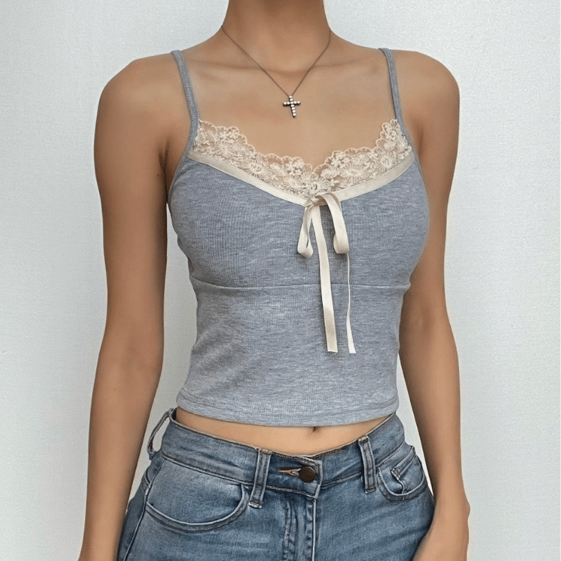 Lace Hem Contrast V-Neck Bowknot Cami Top - Y2K Aesthetic Cute Top for Coquette Style