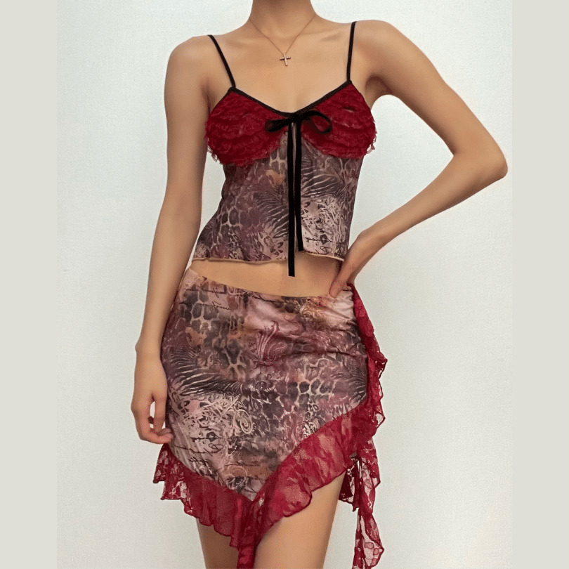 Lace Hem Leopard Print Y2K Cami Mini Skirt Set - Coquette & Grunge Aesthetic Outfit