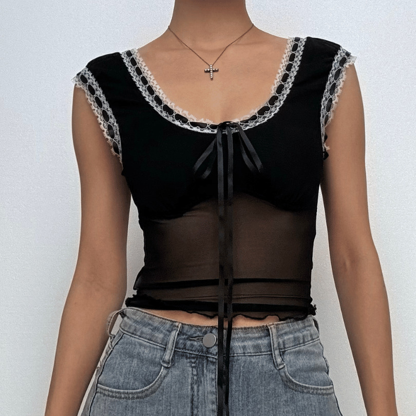 Lace Hem Mesh Bowknot Ruffle Top - Y2K Fashion Cute Aesthetic for Coquette & Grunge Styles