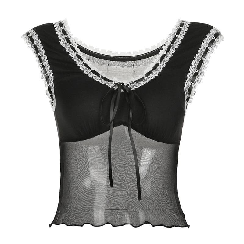 Lace Hem Mesh Bowknot Ruffle Top - Y2K Fashion Cute Aesthetic for Coquette & Grunge Styles