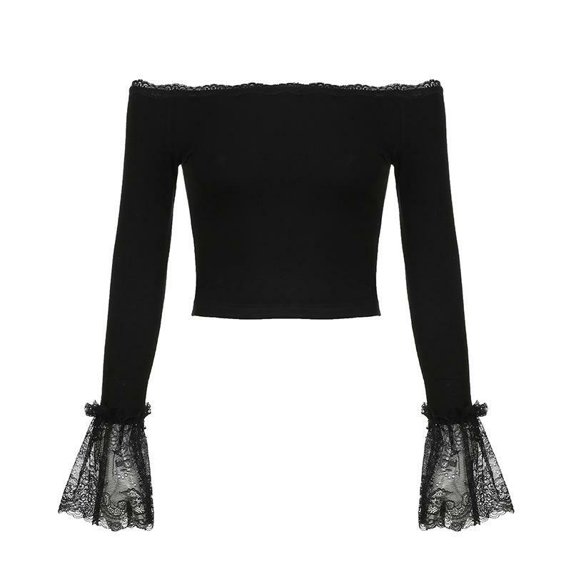 Lace Hem Off-Shoulder Flared Sleeve Crop Top - Y2K Fashion, Coquette Aesthetic, Cute Tops