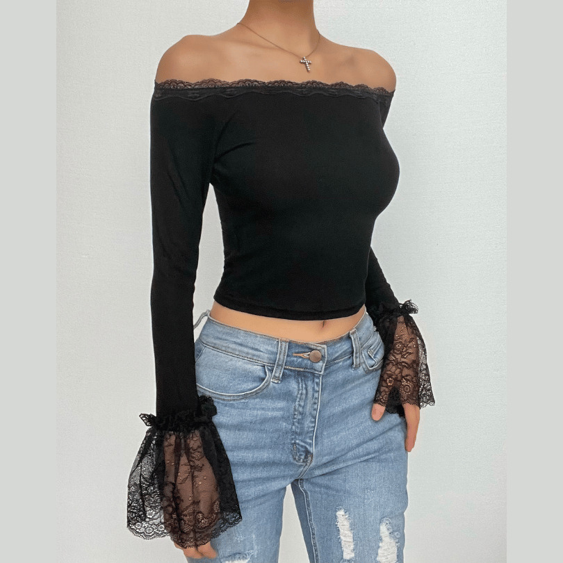 Lace Hem Off-Shoulder Flared Sleeve Crop Top - Y2K Fashion, Coquette Aesthetic, Cute Tops