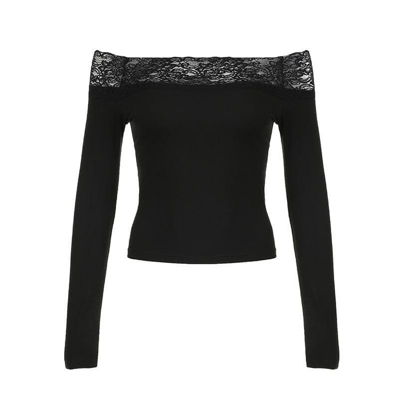 Lace Hem Off-Shoulder Long Sleeve Top - Y2K Fashion, Coquette Aesthetic, Cute Tops