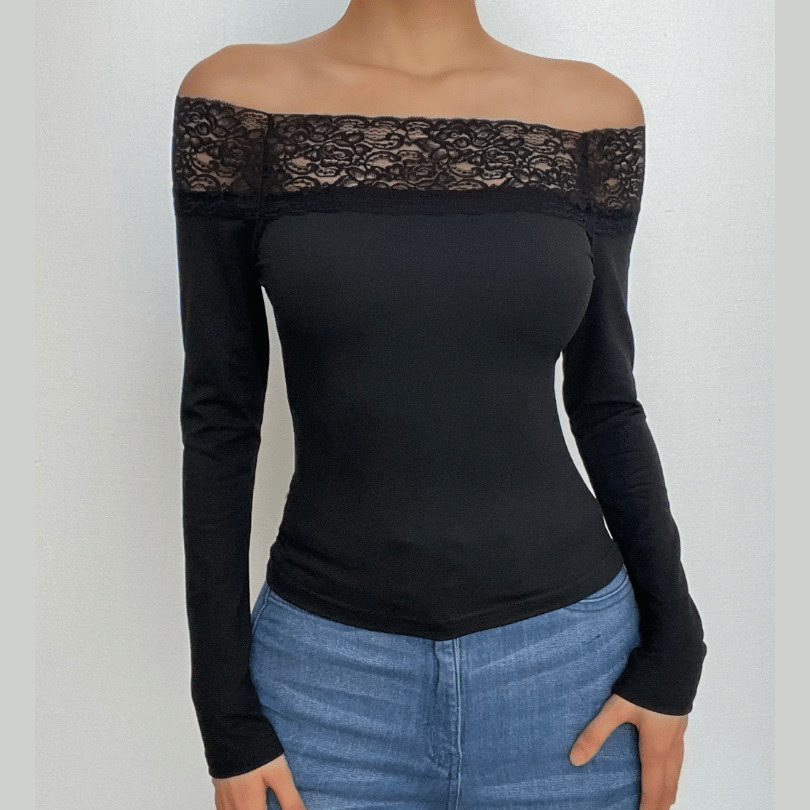 Lace Hem Off-Shoulder Long Sleeve Top - Y2K Fashion, Coquette Aesthetic, Cute Tops