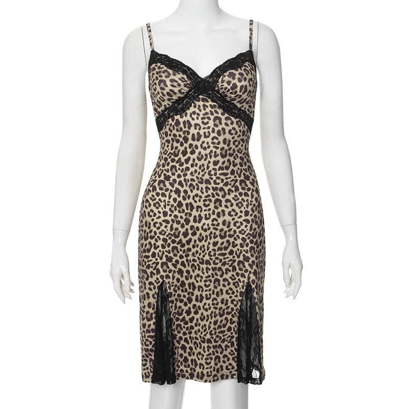 Lace Hem Patchwork Leopard Print Cami Mini Dress - Y2K Aesthetic Cute Outfit for Fall