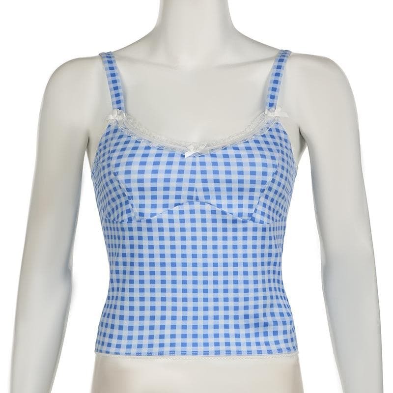 Lace Hem Plaid Backless Bowknot Cami Top - Y2K Aesthetic Cute Crop Top for Coquette Style