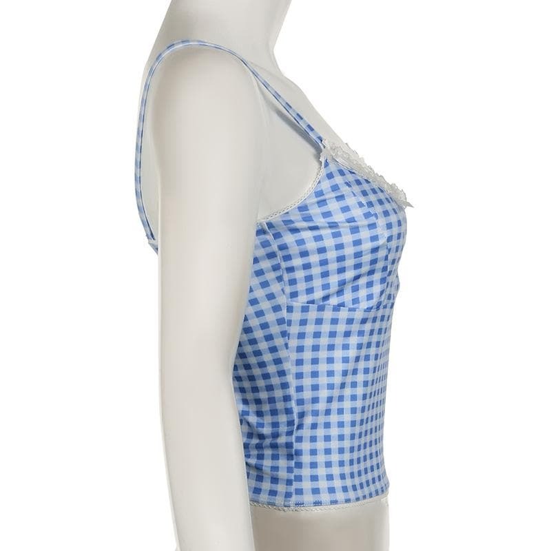 Lace Hem Plaid Backless Bowknot Cami Top - Y2K Aesthetic Cute Crop Top for Coquette Style
