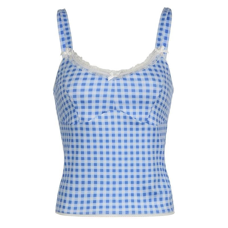 Lace Hem Plaid Backless Bowknot Cami Top - Y2K Aesthetic Cute Crop Top for Coquette Style