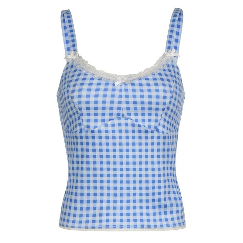Lace Hem Plaid Backless Bowknot Cami Top - Y2K Aesthetic Cute Crop Top for Coquette Style
