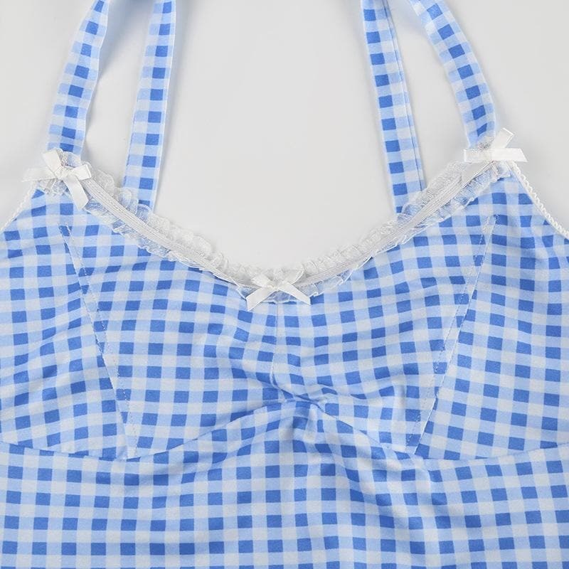 Lace Hem Plaid Backless Bowknot Cami Top - Y2K Aesthetic Cute Crop Top for Coquette Style