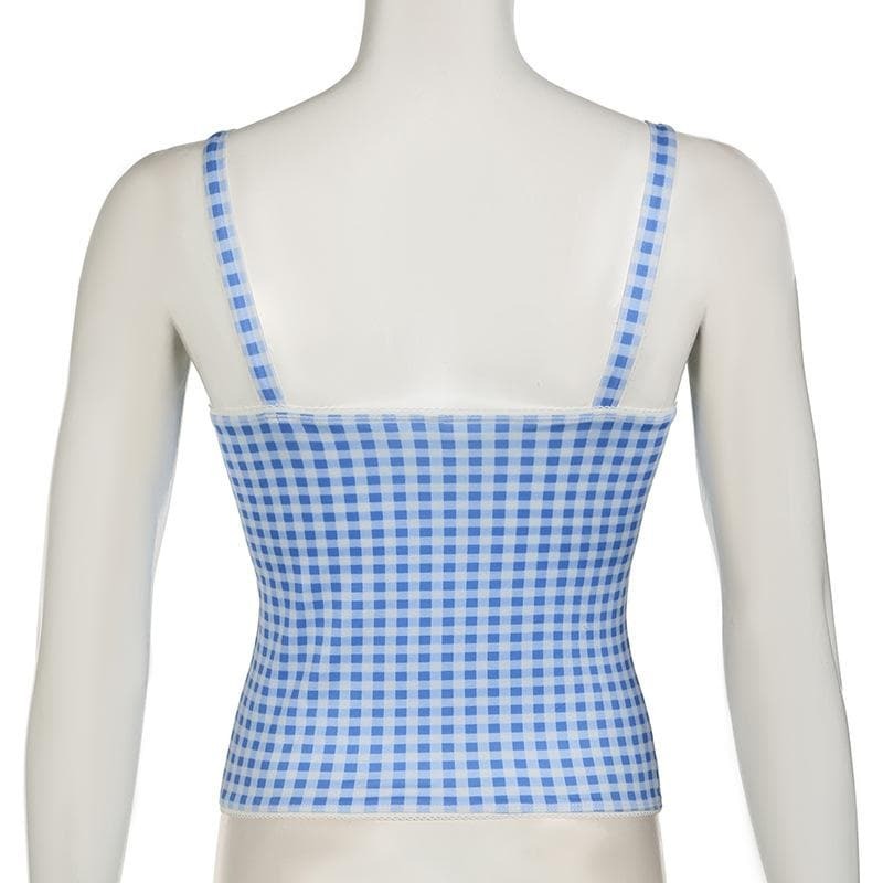Lace Hem Plaid Backless Bowknot Cami Top - Y2K Aesthetic Cute Crop Top for Coquette Style
