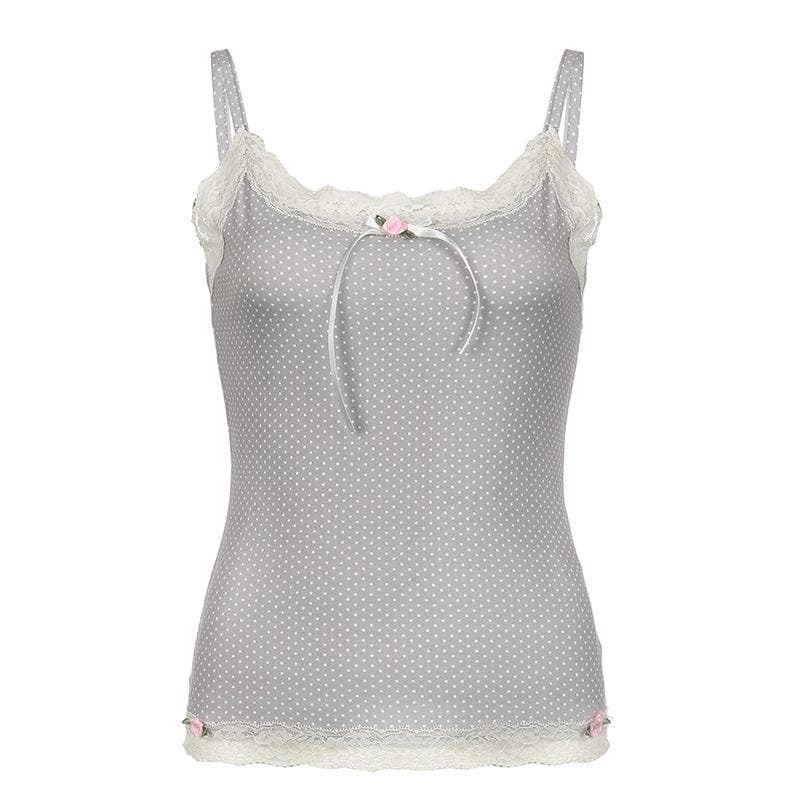 Lace Hem Polka Dot Cami Top with Rose Applique - Y2K Coquette Aesthetic Cute Top