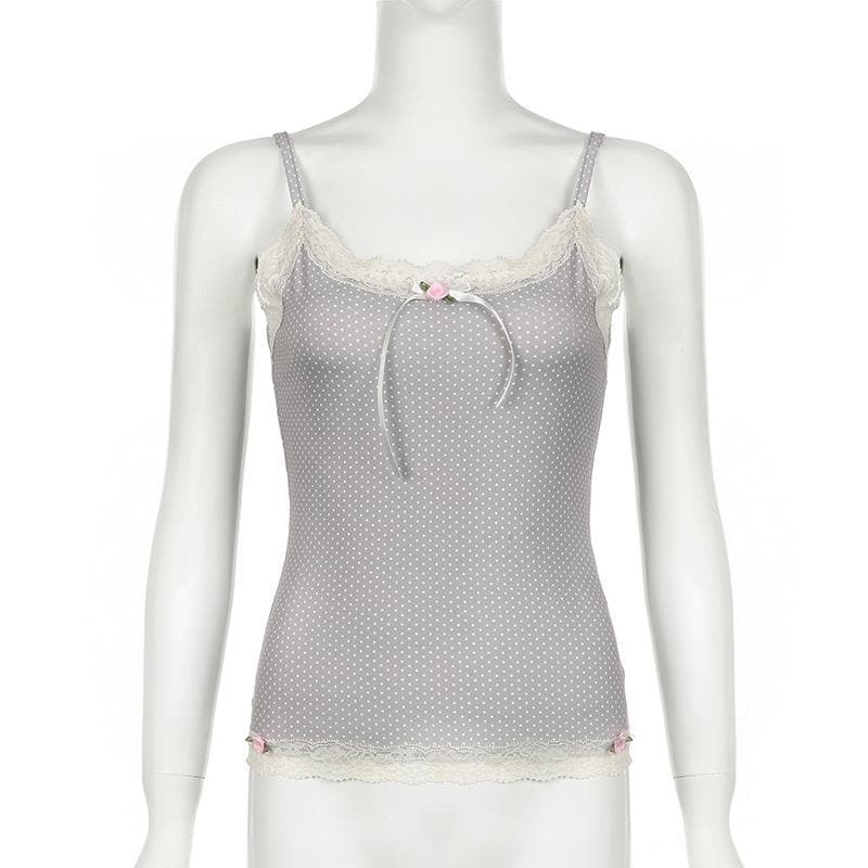 Lace Hem Polka Dot Cami Top with Rose Applique - Y2K Coquette Aesthetic Cute Top