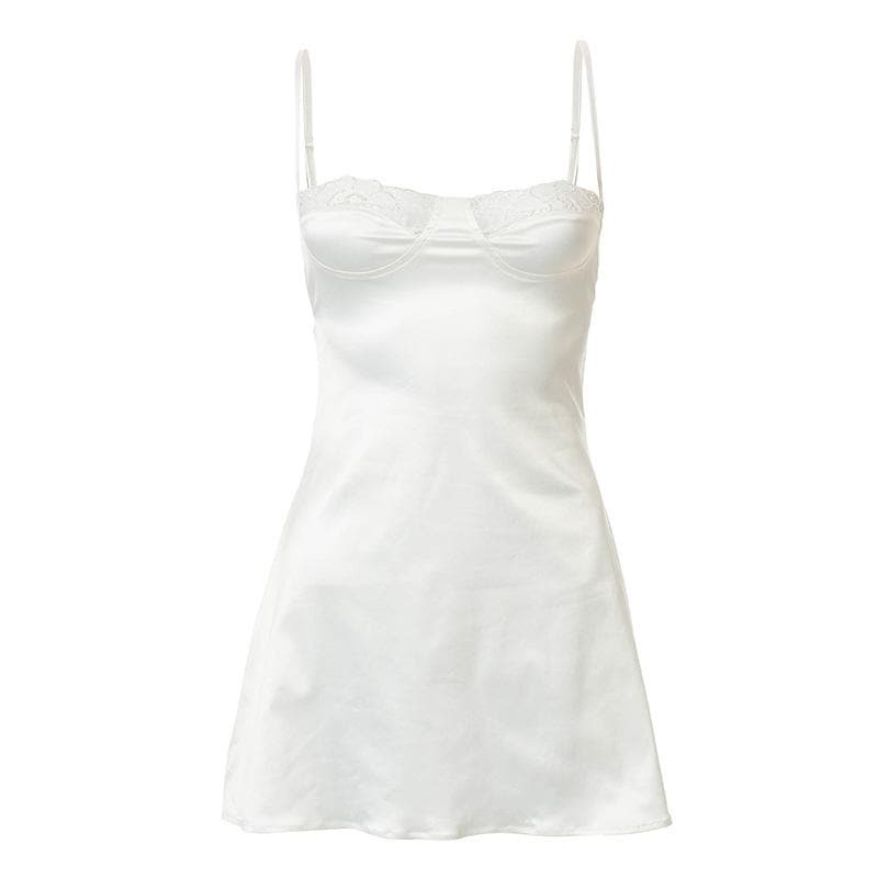 Lace Hem Satin Ruched Backless Cami Mini Dress - Y2K Aesthetic Cut-Out Style