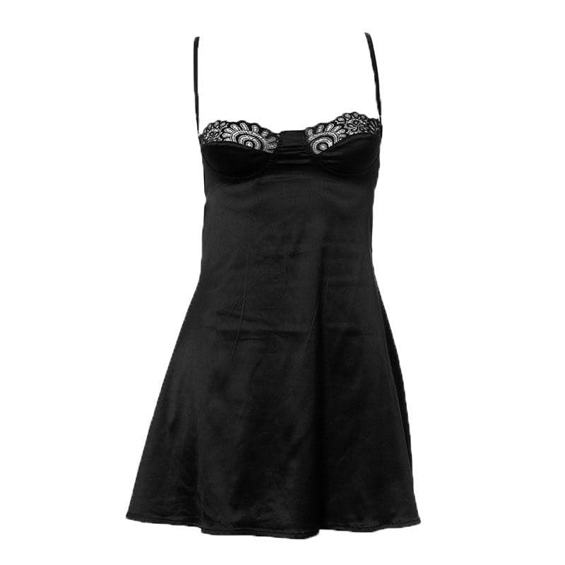 Lace Hem Satin Ruched Backless Cami Mini Dress - Y2K Aesthetic Cut-Out Style
