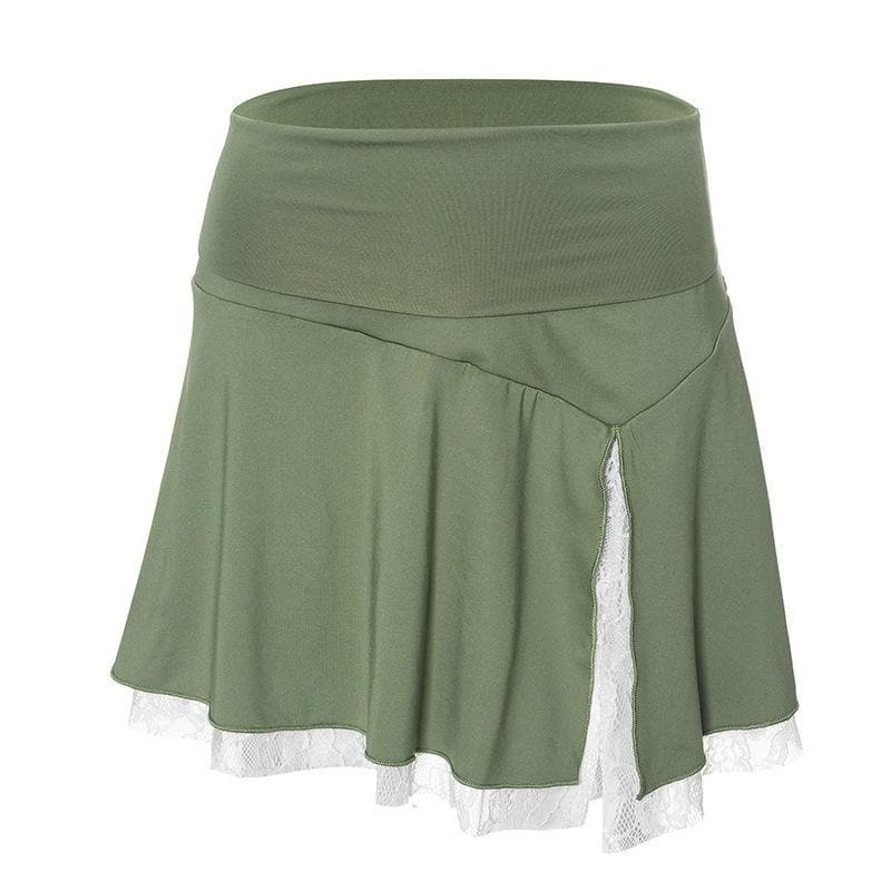 Lace Hem Slit A-Line Mini Skirt - Y2K Fashion, Grunge Aesthetic, Cute & Comfy Style