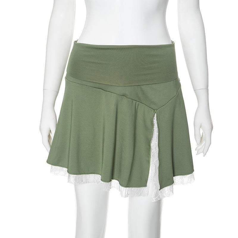 Lace Hem Slit A-Line Mini Skirt - Y2K Fashion, Grunge Aesthetic, Cute & Comfy Style