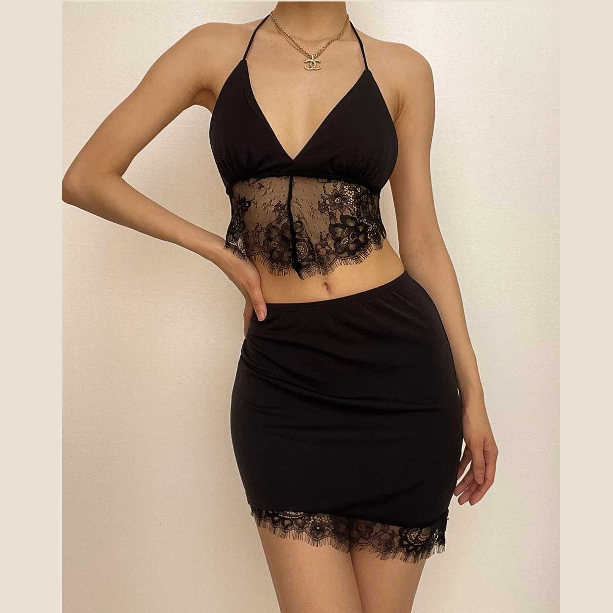 Lace Hem Spaghetti Strap V-Neck Backless Mini Skirt Set - Y2K Coquette Aesthetic Outfit