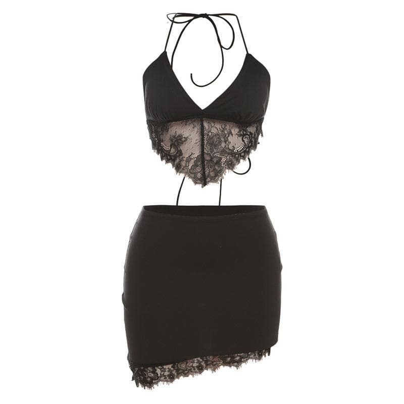 Lace Hem Spaghetti Strap V-Neck Backless Mini Skirt Set - Y2K Coquette Aesthetic Outfit