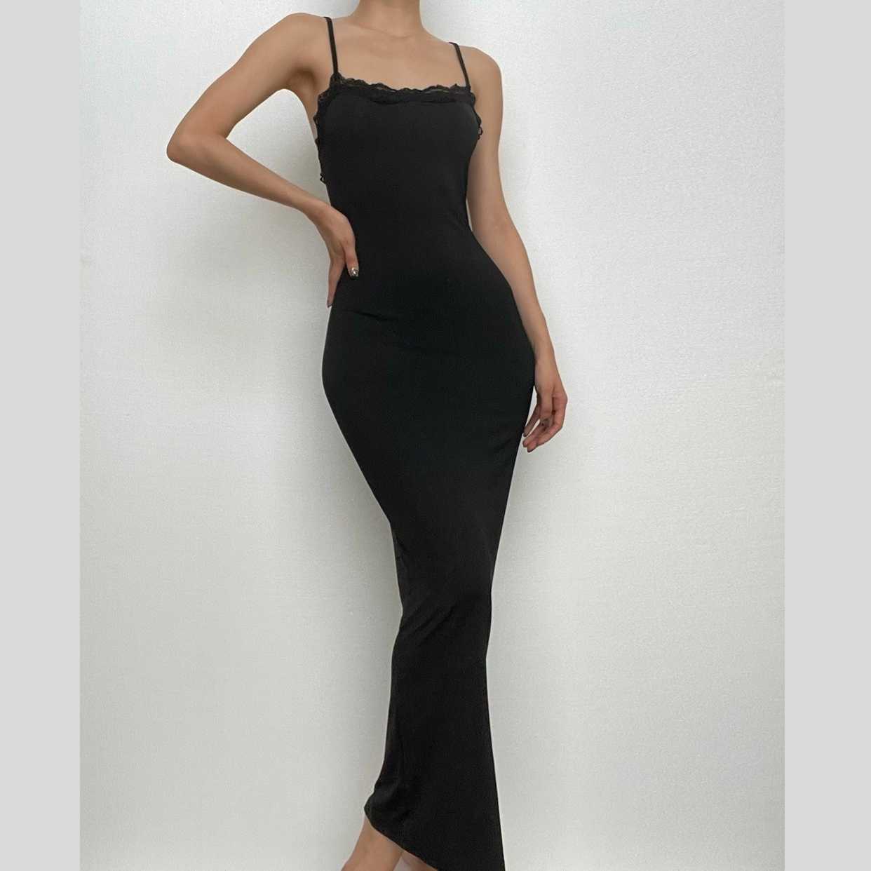 Lace Hem Square Neck Backless Cami Maxi Dress - Y2K Aesthetic, Coquette Style, Cute Outfit