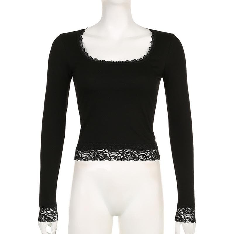 Lace Hem Square Neck Long Sleeve Top - Y2K Fashion, Coquette Aesthetic, Cute Tops