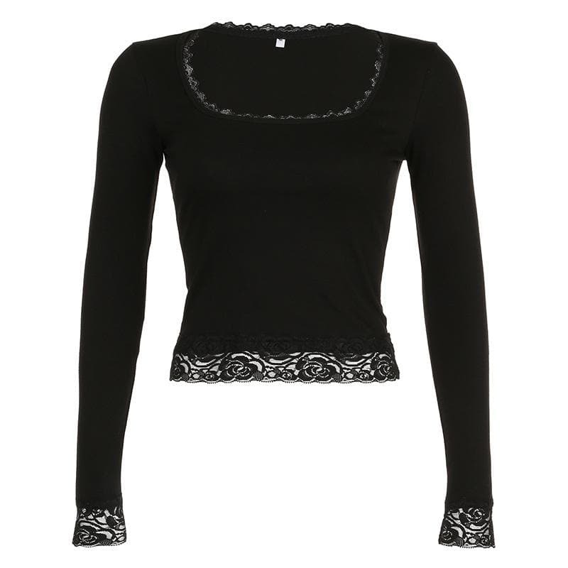Lace Hem Square Neck Long Sleeve Top - Y2K Fashion, Coquette Aesthetic, Cute Tops