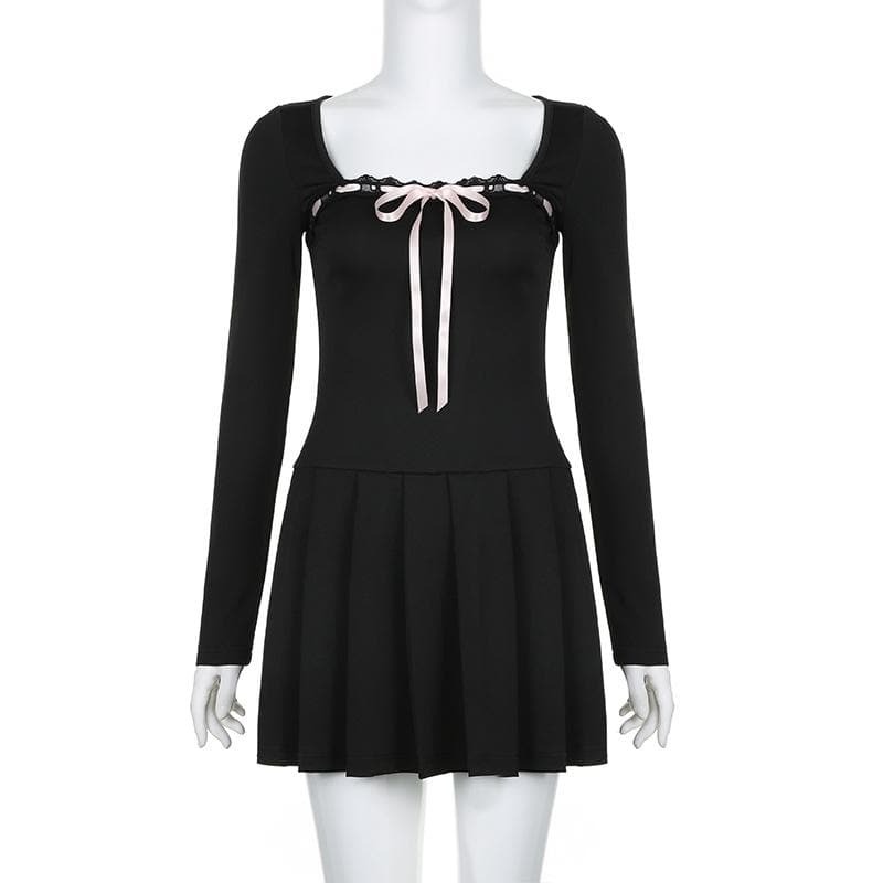 Lace Hem Square Neck Pleated Mini Dress - Y2K Aesthetic with Coquette & Grunge Vibes