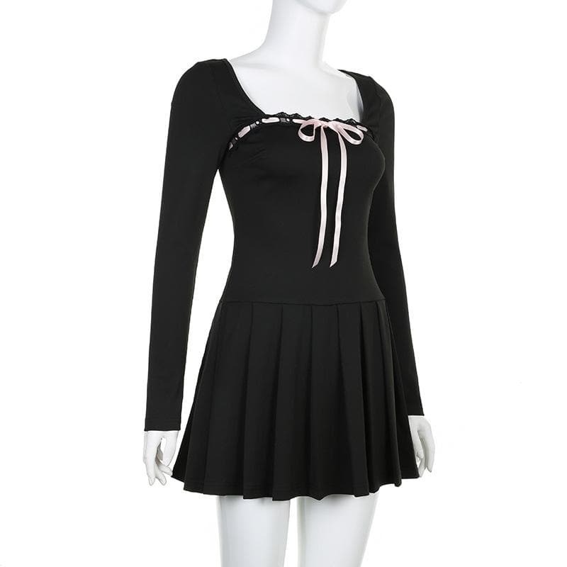 Lace Hem Square Neck Pleated Mini Dress - Y2K Aesthetic with Coquette & Grunge Vibes