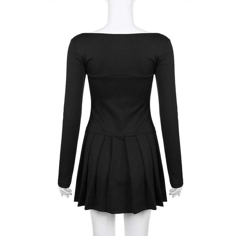 Lace Hem Square Neck Pleated Mini Dress - Y2K Aesthetic with Coquette & Grunge Vibes