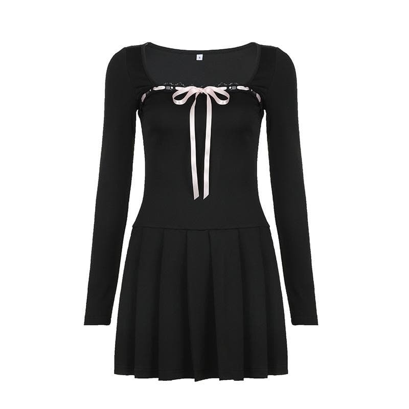 Lace Hem Square Neck Pleated Mini Dress - Y2K Aesthetic with Coquette & Grunge Vibes