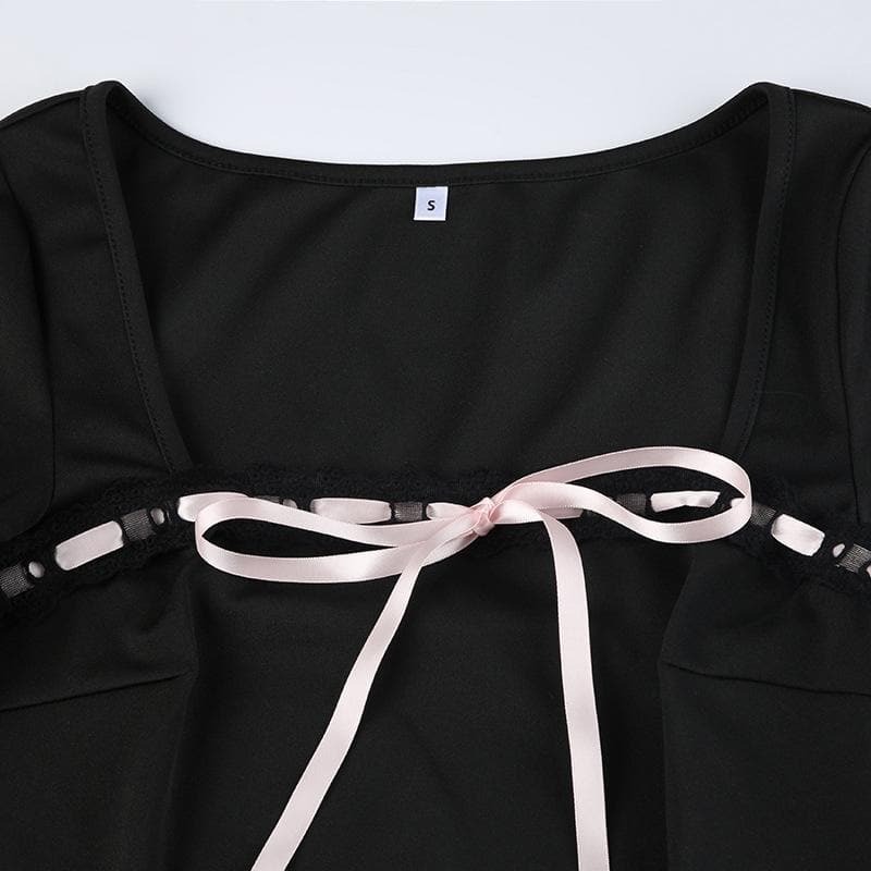 Lace Hem Square Neck Pleated Mini Dress - Y2K Aesthetic with Coquette & Grunge Vibes