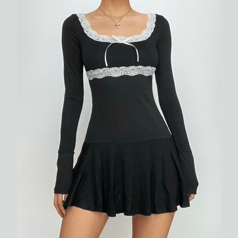 Lace Hem Square Neck Ruffle Mini Dress - Y2K Aesthetic Cute Top for Coquette & Grunge Styles