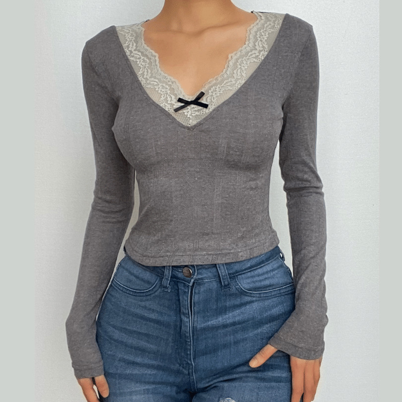 Lace Hem V-Neck Bowknot Long Sleeve Textured Top - Y2K Coquette Aesthetic Cute Fashion