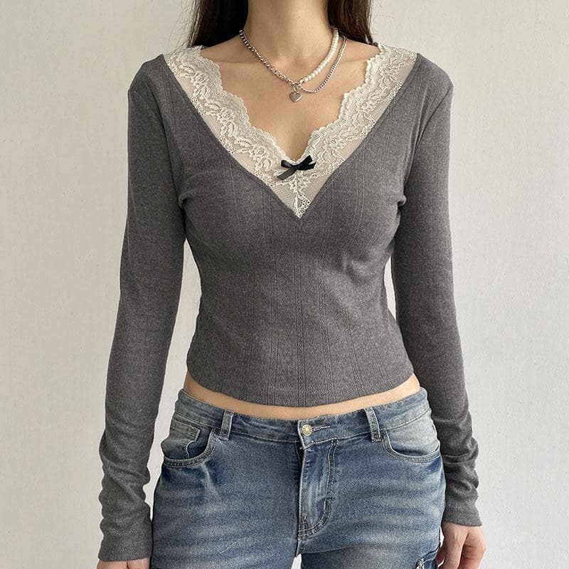 Lace Hem V-Neck Bowknot Long Sleeve Textured Top - Y2K Coquette Aesthetic Cute Fashion