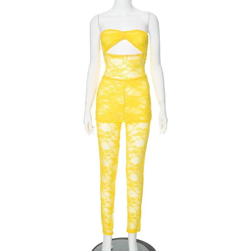 Lace Hollow Out Ruched See-Through Tube Pant Set - Y2K Fashion & Coquette Aesthetic