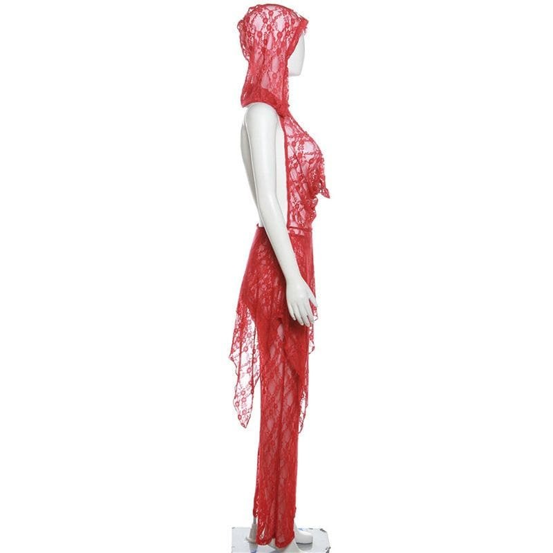 Lace Irregular See-Through Hoodie & Cowl Neck Pant Set for Y2K, Grunge, and Coquette Aesthetics