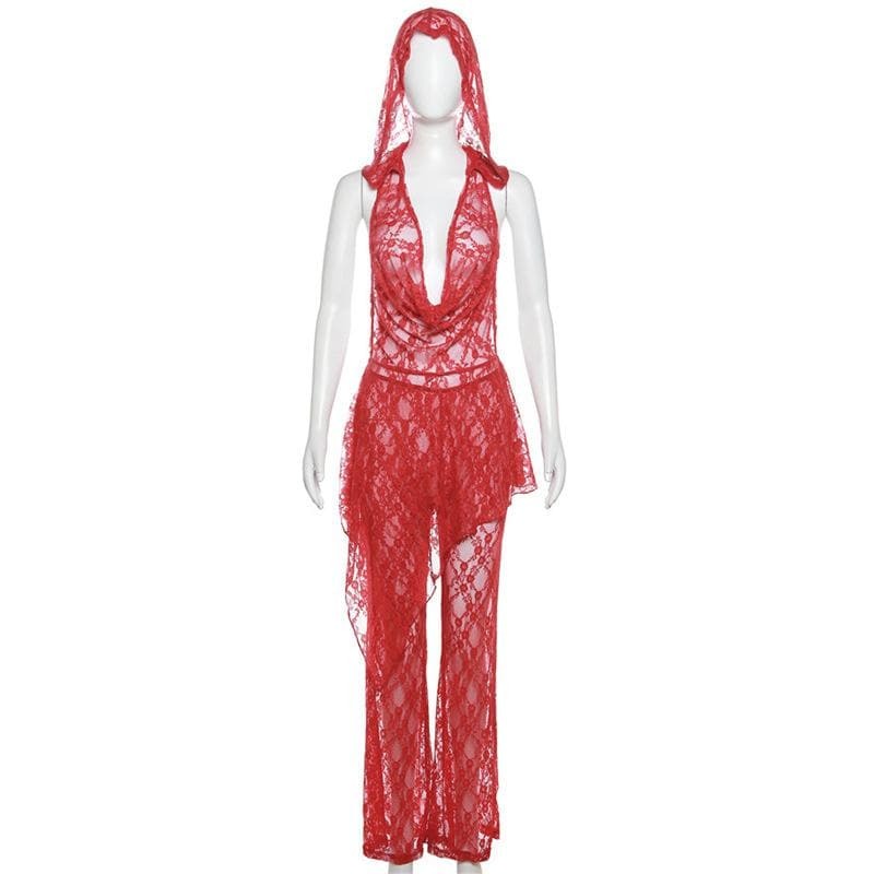 Lace Irregular See-Through Hoodie & Cowl Neck Pant Set for Y2K, Grunge, and Coquette Aesthetics