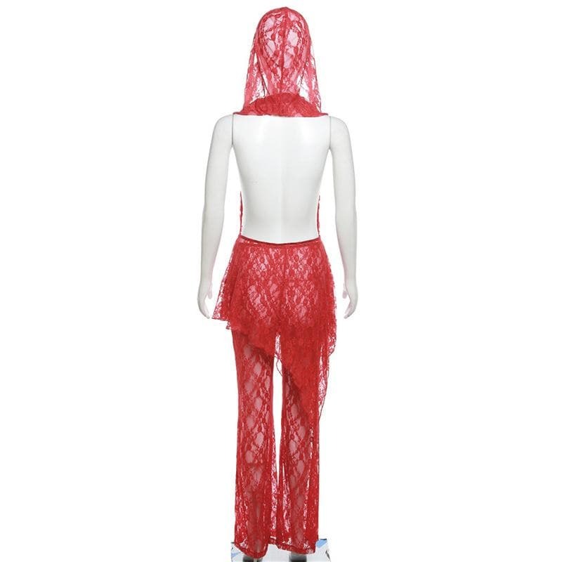 Lace Irregular See-Through Hoodie & Cowl Neck Pant Set for Y2K, Grunge, and Coquette Aesthetics